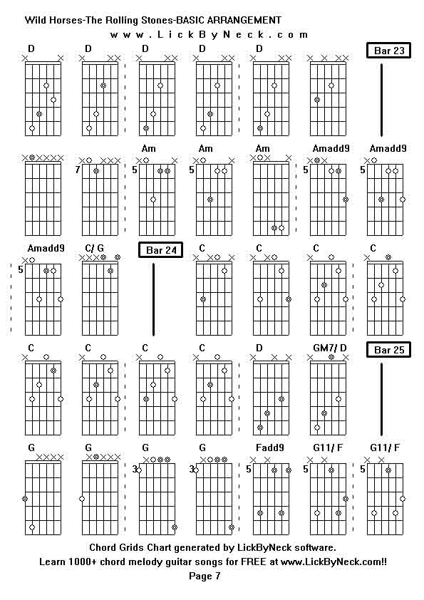 Chord Grids Chart of chord melody fingerstyle guitar song-Wild Horses-The Rolling Stones-BASIC ARRANGEMENT,generated by LickByNeck software.